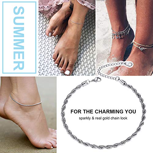 Adjustbale Link Chain Anklet for Women Summer Jewelry, 316L Stainless Steel Figaro/Wheat/Twist Rope/Cuban Foot Bracelet-Waterproof, Resizable 9"-12" (Gift Box Included) - color: 1, Rope - Stainless Steel