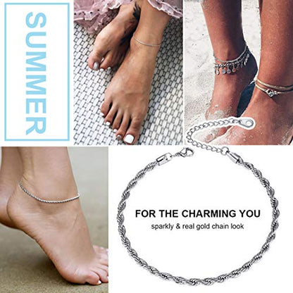 Adjustbale Link Chain Anklet for Women Summer Jewelry, 316L Stainless Steel Figaro/Wheat/Twist Rope/Cuban Foot Bracelet-Waterproof, Resizable 9"-12" (Gift Box Included) - color: 1, Rope - Stainless Steel
