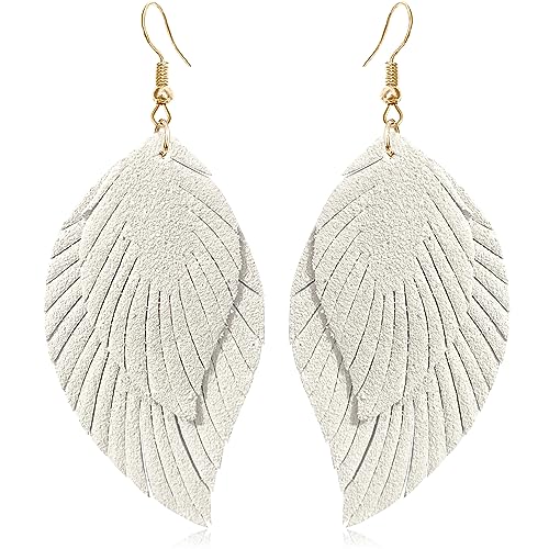 Handmade Bohemian Large Soft Genuine Leather Fringe Double Feather Dangle Drop Earrings Lightweight Simple Color PU Leaf Hook Earrings for Women - color: White