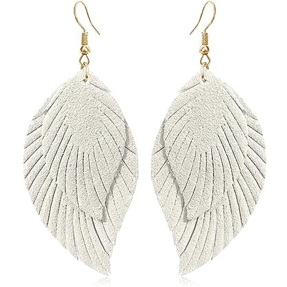 Handmade Bohemian Large Soft Genuine Leather Fringe Double Feather Dangle Drop Earrings Lightweight Simple Color PU Leaf Hook Earrings for Women - color: White