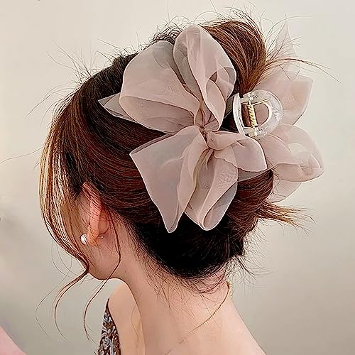 RUIYDZ Hair Clip, Light Coffee Chiffon Bowknot Hair Claw Clips for Thick Hair, Large Claw Clips for Women, Elegant Hairclips, Hair Accessories, Hair Clips for Girls - color: light coffee