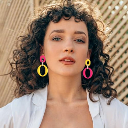 Geometric Square Earrings for Women Lightweight Colorful Color Block Acrylic Chunky Geometric Rectangle Oval Link Chain Statement Earring - style: Yellow Rose Red-O