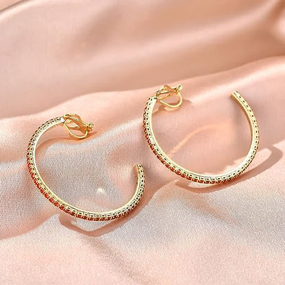 YOQUCOL 4.3CM(1.7in) Clip On Hoop Earrings Cubic Zirconia Non Pierced Ears Hoops for Women - color: Gold-Red