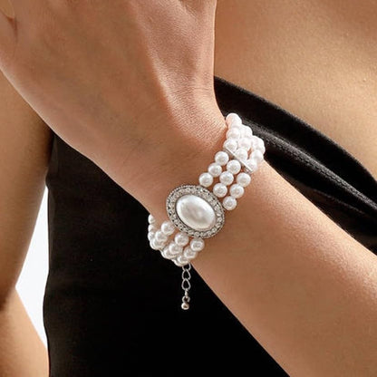 Multi-Layer Faux Pearl Bracelet for Women, Oval Gemstone Elegant Bangle with Rhinestone Accents - color: Silver, size: One Size