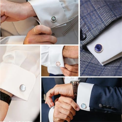 Elegant Mother-of-Pearl Cufflink & Stud Set for Men - Trendy Round Design for Weddings, Parties, and Ceremonies - color: Tiger Eye Stone