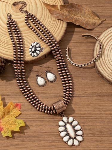 TOPACC Western Jewelry Set for Women Navajo Pearl Necklace Turquoise Cowgirl Accessories for Country Concert Outfit - color: A-White