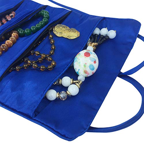 Travel Jewelry Roll Bag - Embroidered Brocade Pouch for Rings, Necklaces, Earrings, Bracelets | Lightweight & Tie Closure (Royal Blue) - color: Royal Blue