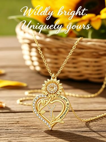 14K Gold Sunflower Initial Necklaces for Women | Heart Letter Pendant You Are My Sunshine Jewelry Gifts - style: Y