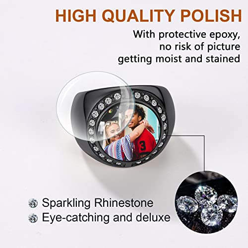 FindChic Customized Signet Photo Rings Square/Heart/Round Chunky Band Ring Stainless Steel/18K Gold Plated/Black Size 7 to 14 Personalized Jewelry for Men Women, Send Gift Box - color: 02. round (black)