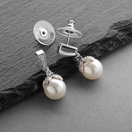 Mariell Pearl Drop Bridal Necklace Earrings Set with CZ Crystals for Bride, Bridesmaid, Birthday Gift - color: Silver Earring Only