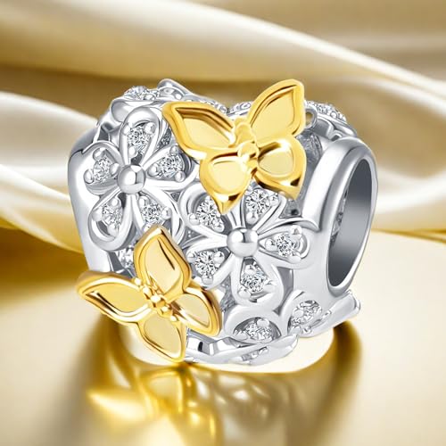 Butterfly Daisy Flower Heart Charm Clear CZ Bead for European Bracelet - style: Gold