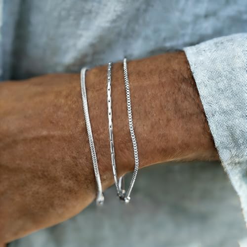 Mens Bracelet - Dainty Gold/Silver Chain Bracelet Stack 14K Gold Plated Silver Bracelets for Men Stainless Steel Adjustable Cross Charm Cuban Link Bracelet Snake Jewelry Set to Men Dad Birthday Day - color: Silver, size: 8+2 Inch
