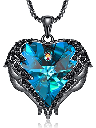 CDE Angel Wings Heart Birthstone Pendant Necklace Gift for Women | Silver/Gold Tone,Ideal Birthday & Anniversary Jewelry Gift for Wife,Girlfriend,Her - color: Black-12-Blue Zircon Birthstone