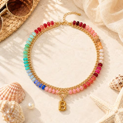 Colorful Beaded Bubble Letter Necklace For Women, Boho Double Layer Dopamine Rainbow Resin Beads Thick Cuban Chain Chunky With Initials Pendant Necklaces Summer Beach Jewelry Gift ﻿ - color: Dop B