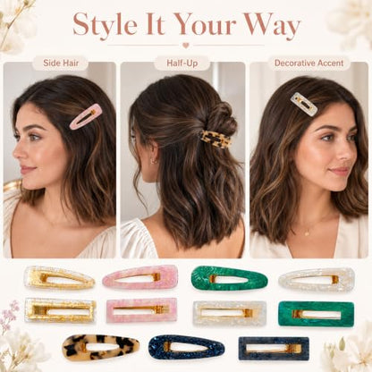 Parcce 12 Pcs Acrylic Resin Marble Hair Clips for Women Girls, 2.60-2.68 Inch Medium Decorative Barrettes, Rectangle & Teardrop Side Hair Clips with Metal Clip for Daily Styling