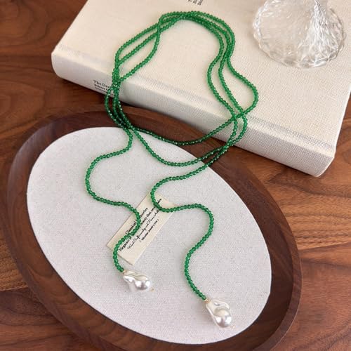 1 Piece Wrap Around Necklace Long Emerald Beaded Slip Tie Adjustable Black Beads Choker Baroque Y Shaped Long Pearl Drop Lariat Necklace for Women
