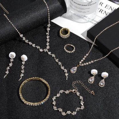 NEWITIN 15 Pieces Gold Jewelry Set for Women Wedding Costume Accessories | Hypoallergenic, Cubic Zirconia, CZ Necklaces Earrings Bracelets Ring, Crystal Jewelry for Wedding Bride Bridesmaid Party Prom - color: Beauty