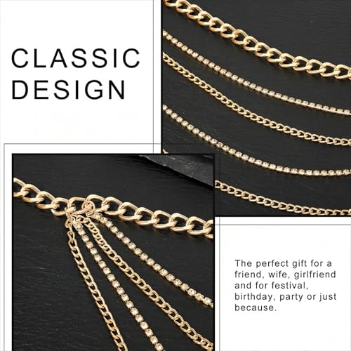 Molain Gold Layered Sparkly Rhinestone Chain Belt, Adjustable Bohemian Waist Belt Gold Rhinestones Belly Waistband for Women