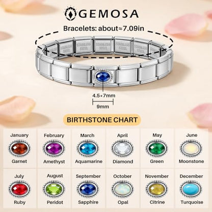 GEMOSA Birthstone Italian Charm Bracelet - 18 Links 9mm x 10mm Stainless Steel Base Bracelet with Birthstone Charm & Link Opener Tool, Polished Silver Finish Jewelry Gift Box Set for Women - color: 09-Sep-Sapphire