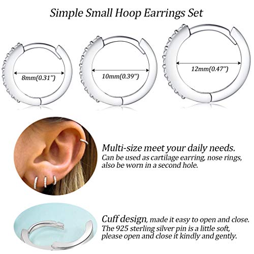 Silver Hoop Earrings for Women, 3 Pairs Small Sterling Silver Huggie Earrings | Tiny Cubic Zirconia Cartilage Cuff Earrings Hoop Piercing Jewellery for Men Teens (8mm/10mm/12mm) - color: 3 Pairs(8/10/12mm)-Silver