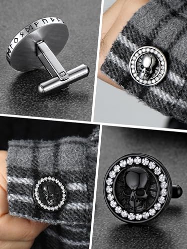 FaithHeart Mens Cufflinks, Norse Viking Tuxedo Shirt Cuff Links, Stainless Steel Cuff Links and Shirt Studs, Gift Box - style: 05. Skull CZ-Black