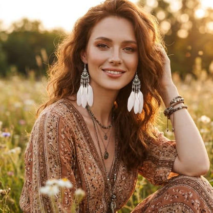 FRESHME Feather Earrings for Women - Native American Jewelry Boho Dangle Ethnic Indian Ear Drop for Music Festival Birthday - color: White