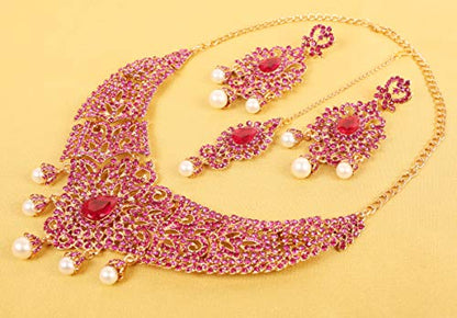 Touchstone Indian jewelry sets for women tikka wedding necklace costume guest statement bollywood rhinestones crystal faux pearls gold big royal neck piece set bridal fashion accessories - color: Pink