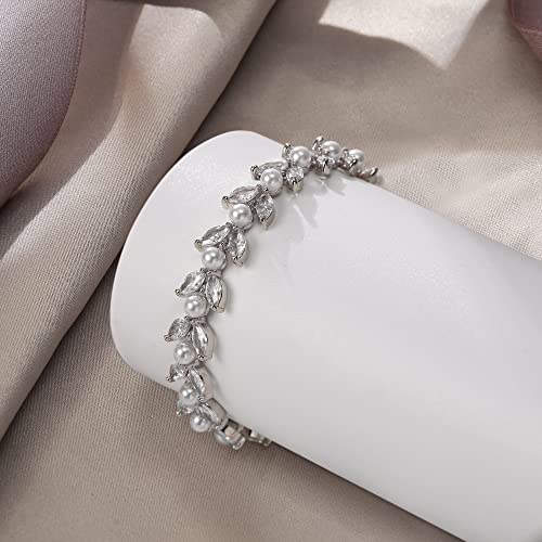EVER FAITH Gorgeous Cubic Zirconia Pearl Wedding Link Bracelet for Bride | Marquise Teardrop Crystal Bridal Prom Jewelry, for Women Bridesmaids - style: Marquise_Clear Silver-Tone