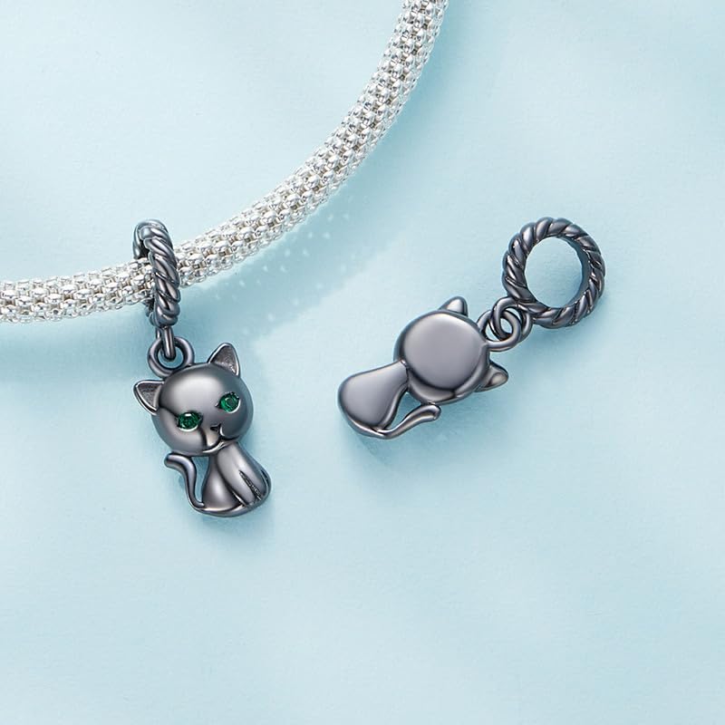 BISAER 925 Sterling Silver Charms for Bracelets Cat Dog Sloth Animal Beads Butterfly Fairy Heart Dangle Pendant Charms - color: Lovely Black Cat
