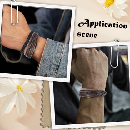 2 Styles Braided Genuine Leather Bracelets Brown Cowhide Layered Cuff Wrap Adjustable Rustic Leather Wrist Band Multilayer Rope Bracelet Wristband for Men Women Daily Wear Costume Party Gift - style: 2 styles 1