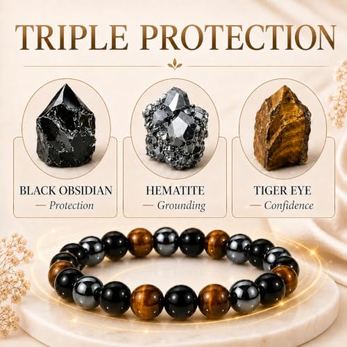 WFJ Black Obsidian Hematite Triple Protection Bracelets Set - Tiger Eye Beaded Natural Stone Bracelet for Men Women Gemstone (10MM) - color: Women’s S–M Wrist -Triple Protection Set of 2