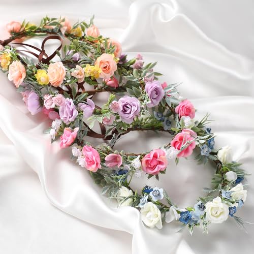 Fairy Pink Flower Crown Headband, Rose Floral Headpiece | Adjustable, Fairy Flower Crown, Women Girls, Renaissance Birthday Wedding Party Photo Props - color: Pink