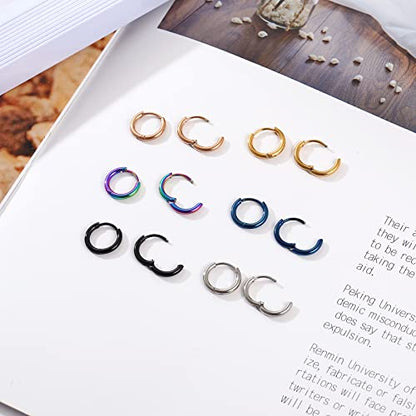 Osayia 316L Surgical Stainless Steel Small Hoop Earrings 8mm 10mm 12mm Hypoallergenic Huggie Thin Hoop Earrings Helix Lobes Hinged Sleeper Earrings Men Women for Cartilage Piercings - color: A: Diameter 8mm (6 Color),6 Pairs