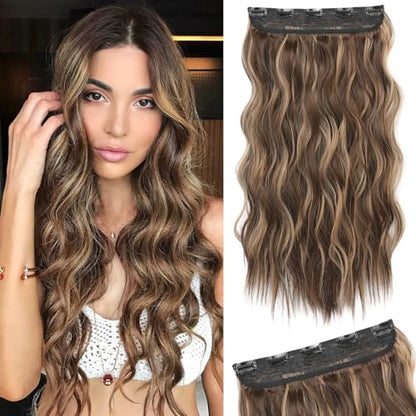 REECHO Clip in Hair Extensions, 20” One Piece Hair Extension Clip in Wefts Long Thick Beach Wavy Natural Soft Synthetic Hairpieces for Women, Chocolate Brown with Blonde Highlights - color: Chocolate Brown with Blonde Highlights - Wavy, size: 20 Inch (Pac