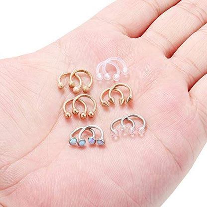 SCERRING 6 Pairs 16G Stainless Steel Horseshoe Septum Ring Nose Rings Hoop Helix Daith Cartilage Tragus Earrings Lip Body Piercing Jewelry Opal 8mm 10mm - color: 8mm - Rose Gold