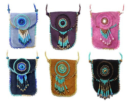 Mia Jewel Shop Authentic Leather Suede Medicine Pouch Seed Bead Fringe Dangle Necklace - Womens Fashion Handmade Bags Boho Travel Accessories - color: Light Blue