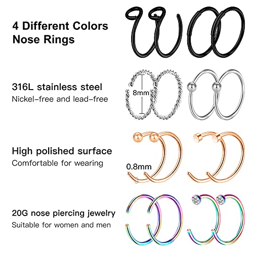 35-70 PCS 18G 20G Nose Rings for Women & Men - Gold Hoops, L Shape, Studs & Screw - 316L Surgical Stainless Steel - color: Color D-40pcs