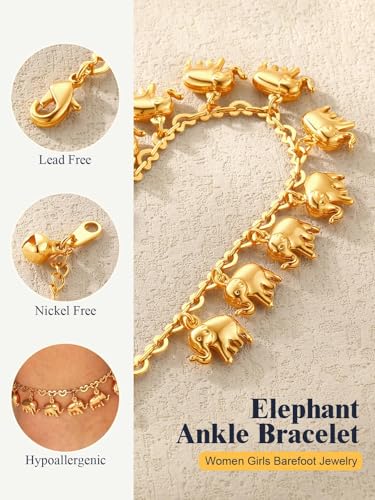 U7 Ankle Bracelets for Women Stainless Steel Waterproof Tarnish Resistant | 18K Gold Plated/Silver/Rose Gold Anklets,Cuban Chain Anklet Bracelets, Perfect for Summer Beach and Vacation Outfits - color: Gold Plated-Elephant Charm