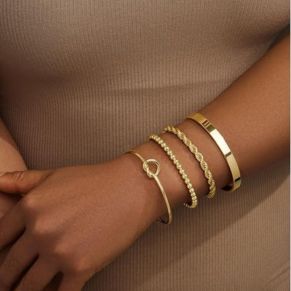 925 Sterling Silver Bracelets for Women Stack, Trendy Tennis Bangle Cuff Jewelry Set 14K Gold Plated, Adjustable Bracelet Set for Wrist Essentials, Women Fashion Watch Band Acecessories - style: Braccelet_4pcs_03
