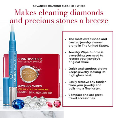 CONNOISSEURS Premium Edition Compact Jewelry Wipes No Rinse Gold and Silver Jewelry Cleaner, Polish and Remove Tarnish to Restore Brilliance, Dry Disposable Wipes, Diamond Dazzle Stik - style: Dazzle Stik + Jewelry Wipes Bundle