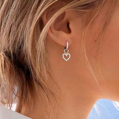 DAILY VIBES Cute Butterfly Star Cross Heart CZ Dangle Earrings for Women | 925 Sterling Silver Post, 14K Gold or Silver Plated, Mini Cubic Zirconia Dainty Drop, Cartilage Small Huggie Hoop Earrings - color: Silver Heart CZ