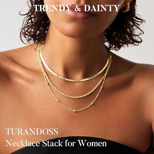 Turandoss Layered Necklaces for Women, 14K Gold Plated Chain Necklace Stack | Non Tarnish Gold Necklaces for Women, Toggle Clasp Herringbone Rope Satellite Cuban Link Chain Necklace, Trendy Jewelry Gifts - color: herringbone+satellite+rope-2