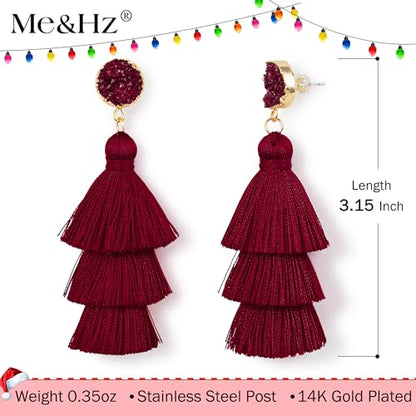 Me&Hz Colorful Layered Tassel Earrings Bohemian Statement Tiered Tassel Big Dangle Drop Earrings for Women Druzy Studs Valentine’s Day Gift - color: Burgundy