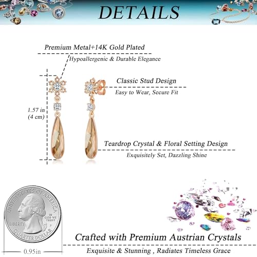 Austrian Crystal Teardrop Earrings Flower Dangle Earrings for Women 14K Gold Plated Drop Stud Earrings Hypoallergenic Jewelry - color: Light Topaz