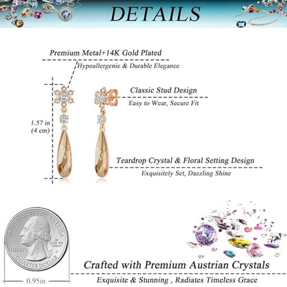 Austrian Crystal Teardrop Earrings Flower Dangle Earrings for Women 14K Gold Plated Drop Stud Earrings Hypoallergenic Jewelry - color: Light Topaz
