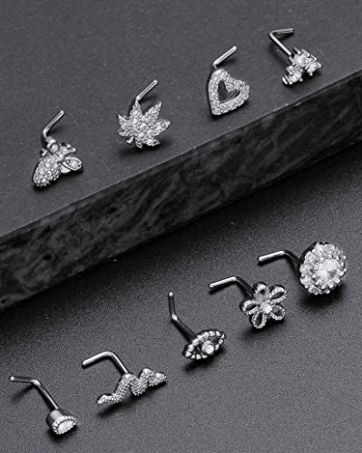 Tornito 16Pcs Nose Stud Rings L Screw Shaped Nose Ring Flower Snake Butterfly Heart Eye CZ Dangle Nose Rings Stud Body Piercing Jewelry for Women Men 20G Silver Pink Tone - color: B:Silver Tone