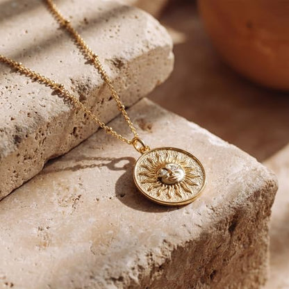 MEVECCO Layered Heart Necklace Pendant Handmade 18k Gold Plated Dainty Gold Choker Arrow Bar Layering Long Necklace for Women - style: Layer Sun Face