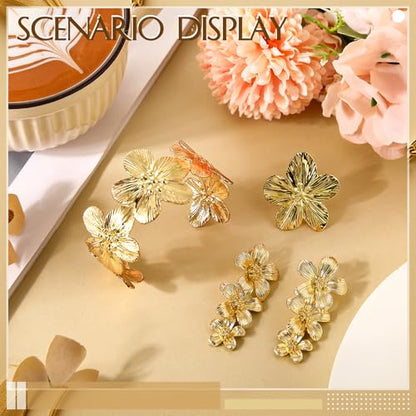 Misdary 3 Pcs Jewelry Gifts Set Bracelets Earrings Ring Cuff Bangle for Women Wedding Birthday Gifts - color: Gold, style: Floral