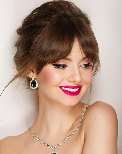 Womens Luxury Africa Dubai 18k Gold Plated Jewelry Sets Wedding Rhinestone Crystal Bib Statement Necklace Earrings Set for Brides Party Prom - color: Black