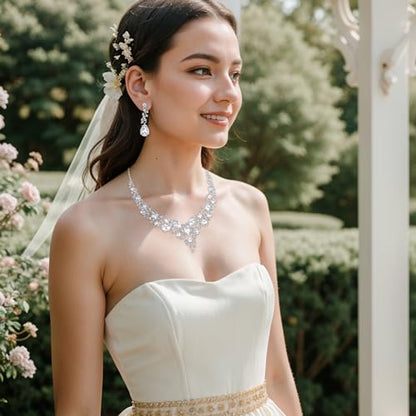 Women's Wedding Statement Necklace Dangle Earring Jewelry | Austrian Crystal Teardrop Cluster,Necklaces Earrings Set for Bride Bridesmaid,Prom Accessories - color: 01-Clear Silver-Tone